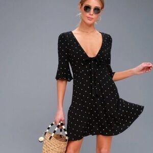 Free People Black Mini Dress with White Polka Dots and Front Tie